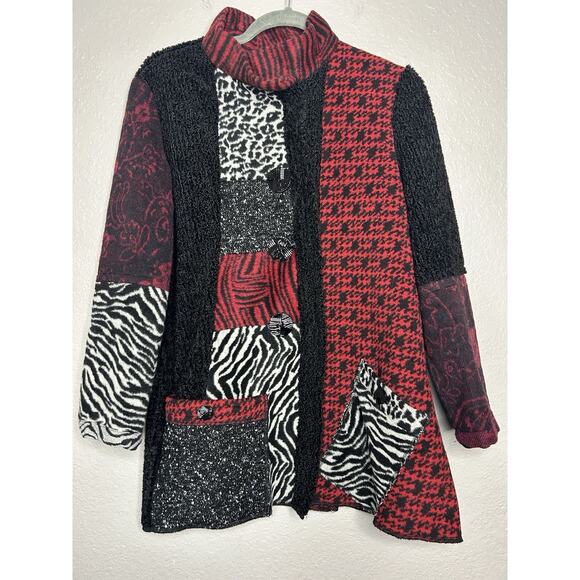 Ali Miles Patchwork Animal Print Jacket Sweater Black Red Wool Blend Size Small - Picture 2 of 10